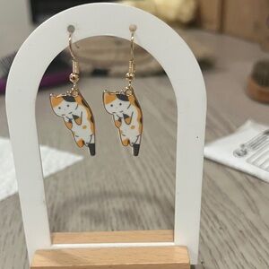 Calico Cat Dangle Earrings - White & Orange Cat Design